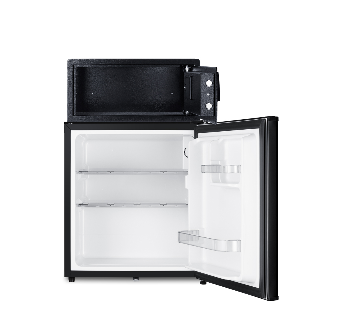 Compact minibar with front lock and black exterior with an in-room hotel safe in black with digital keypad lock